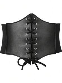 1pc Women's Basic Casual Black Drawstring Elastic Adjustable PU Leather Waist Belt, Suitable For Dresses Or Daily Wear - Black - View 4