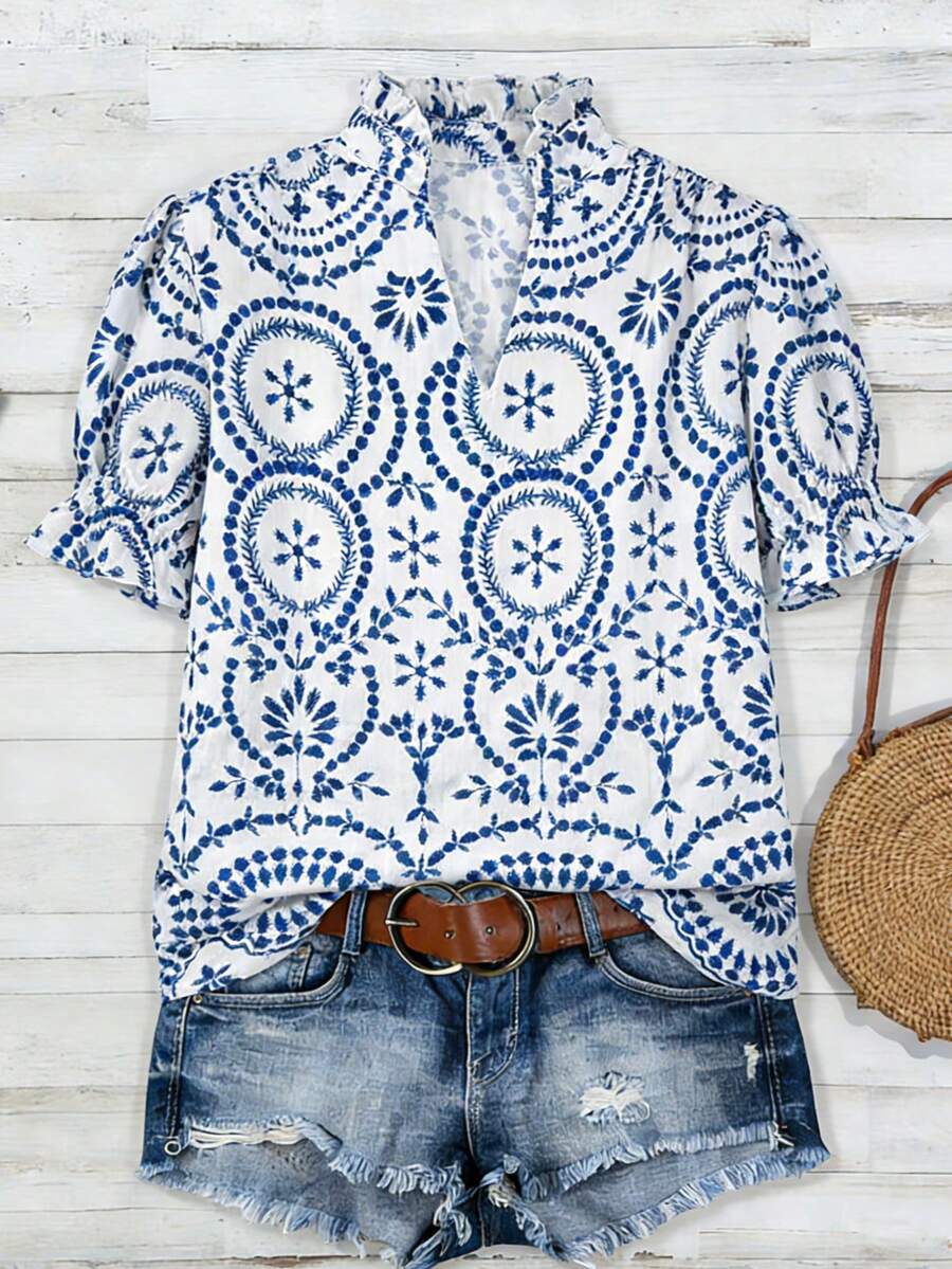 Women's Fashion Casual Comfortable Bamboo Print Shirred Ruffle Sleeve Blouse Vacation Summer - Blue and White - View 1