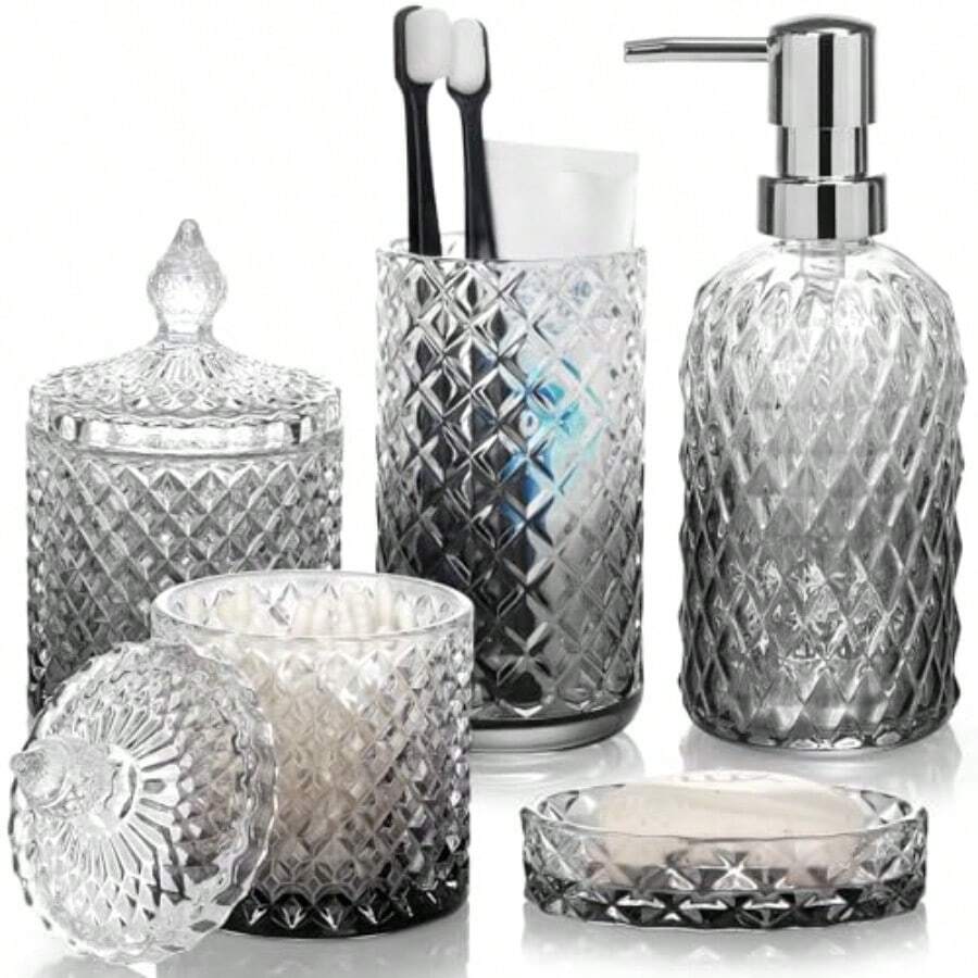 uego de 5 piezas para baño dispensador de n vaso para cepillo de dientes nera caa de polvos denta caa de cillos de algo super tranrente radado infer negro - Superior transparente, degradado, negro inferior - Ver 1