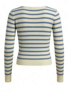 Sexy Casual Striped Long Sleeve Knit Sweater For Women, Slim Fit Cropped Pullover Top, Autumn