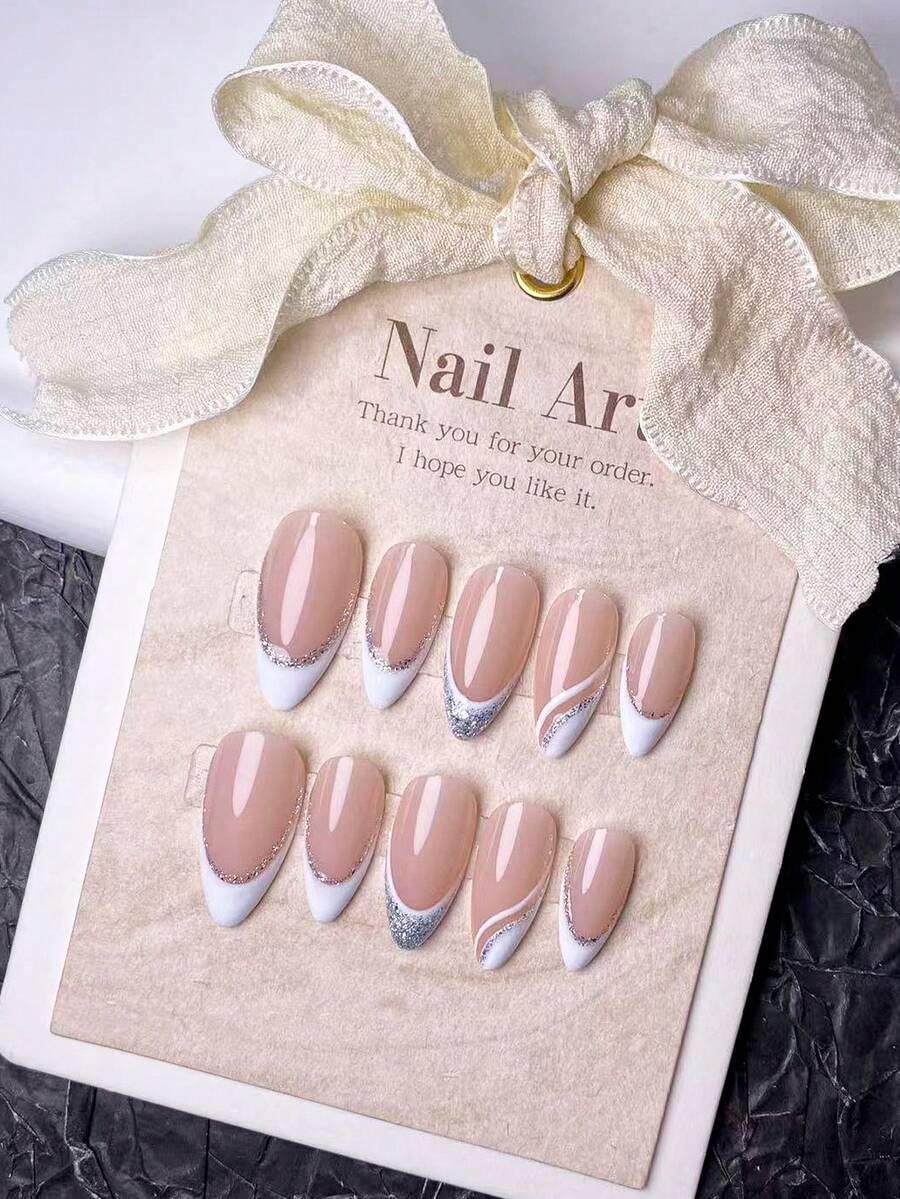 Bộ 10 móng giả thủ công ngắn hình hạnh nhân, kiểu Pháp, phong cách Y2K, màu nâu, đen, trắng với họa tiết kim tuyến bạc lấp lánh, kèm dụng cụ làm móng, thích hợp sử dụng hàng ngày. - trắng - Xem 1