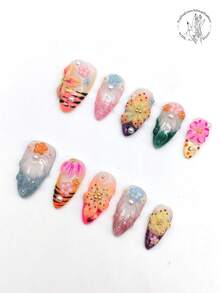 10 Pieces Of Pure Hand-Pressed Wearable Nail, 25mm Long Almond-Shaped Nail, Beige Nail, Orange, Green, Purple, Coffee And Other Colors, Three-Dimensional Raised Flowers, 3D Small Flower Embellishment, Raised Line Decoration. Cute Nail Film, Spring Nail Film. It Is Suitable For Daily Leisure Vacation, Banquets, Parties, Shows And Other Activities. Nail Supplies Nails Handmade Press On Nails - Multicolor - View 3