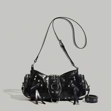 Fashionable Oil Wax Leather Motorcycle Shoulder Bag, Chic Commuter Underarm Crossbody Bag, Autumn/Winter New Arrival - Black - View 4