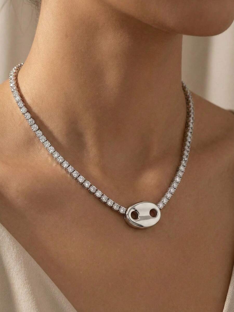ZIRUISP Tennis Necklace With Pig Nose Pendant, Coffee Bean Chain, Inlaid Full Cubic Zirconia Crystal, Y2K Aesthetic Style, Women's Jewelry, Wedding Party Gift, Daily Wear, Valentine's Day Gift