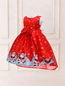 Vestido de Festa de Princesa de Natal com Decoração de Laço Estampa de Papai Noel e Floco de Neve para Meninas Jovens, Adequado para Celebração de Feriados, Padrão de Tecido Cortado Aleatoriamente, Faixa de Cabeça Não Incluída - Vermelho - Visão 6