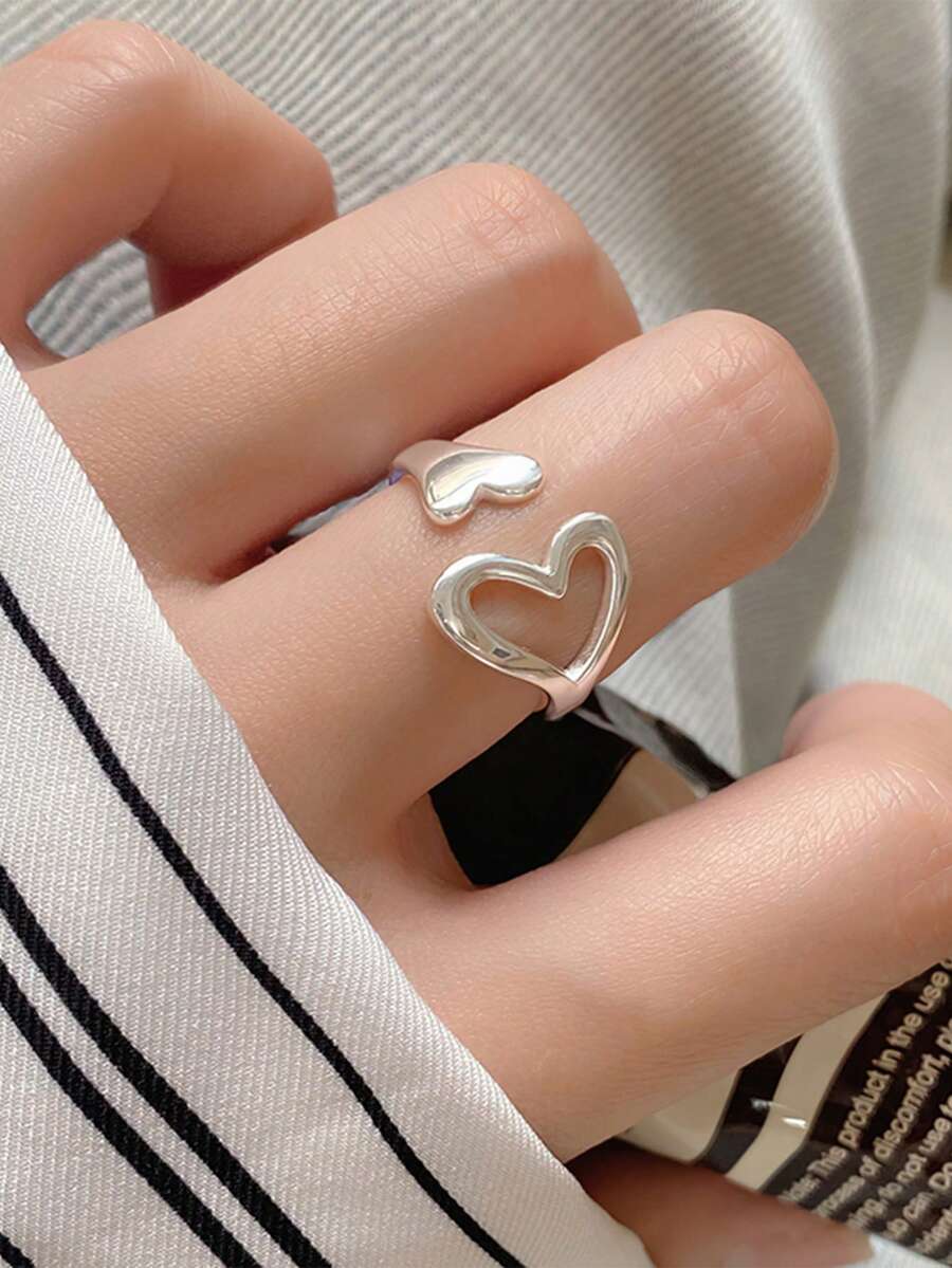 1枚S925纯银极简镂空心形开口戒指，女士清新优雅百搭指节/中指戒指，独特心形戒指礼品 - 鏤空愛心 - 查看 1