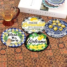 6 Stück Zitronen Muster Untersetzer Set, Heimdekoration, Teetassen Matten, Wasserglas Untersetzer, Weinglas Untersetzer, Kaffeetassen Matten, runde absorbierende Silikongeluntersetzer Set, Kaffee Bar & Küchen Accessoires, geeignet für Heimdekoration, Partys und Geschirr Geschenke, ganzjährige Haushaltsdekorationen - Verschiedenfarbig - Übersicht 8