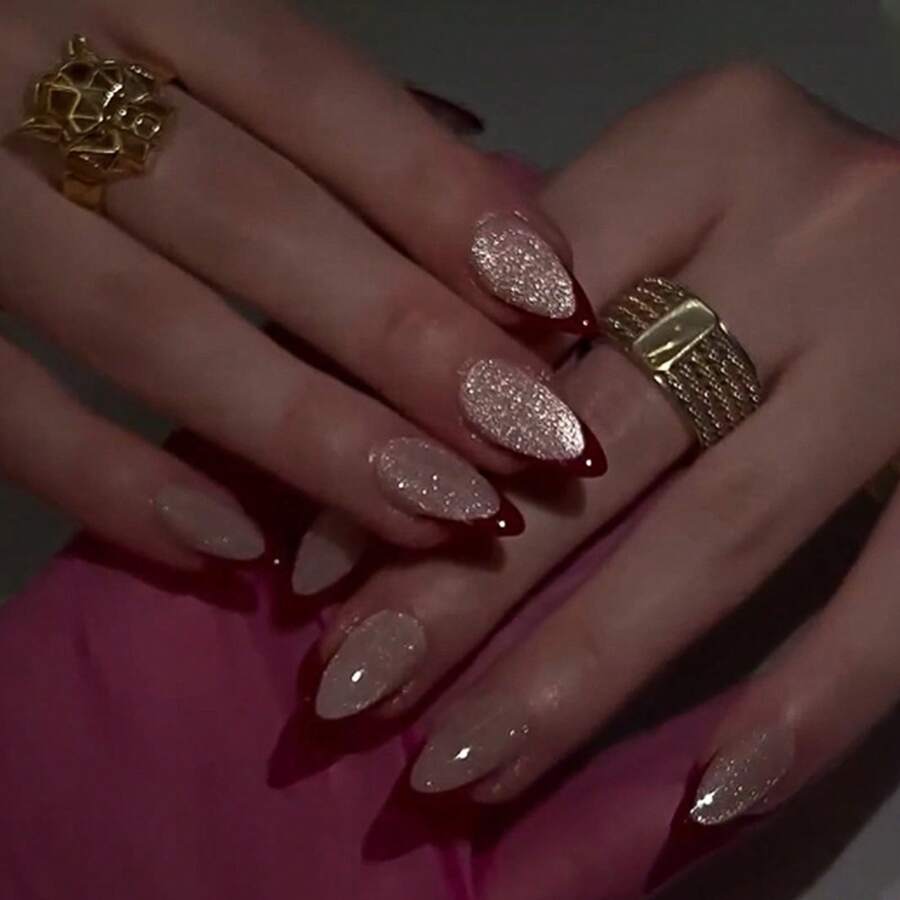 2026hot-Magnetic Eye Press On Nails - Red French Tip False Nails, Almond Shape Glitter Manicure Set, Classic & Glam Nails - JP3985 - 查看 1