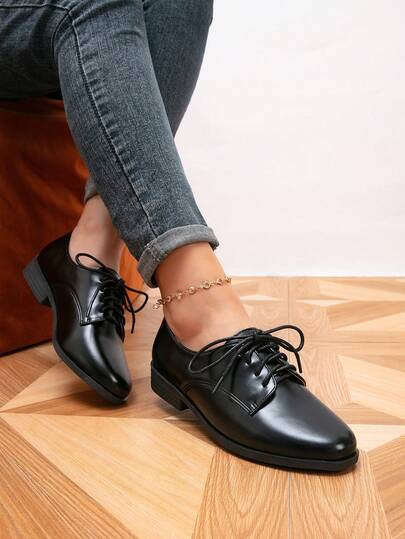 Women's Oxford Shoes, Round Toe Flat Lace-Up Shoes, Outdoor Retro Shoes, Black Shoes, Women's Shoes, Brogue Casual Shoes