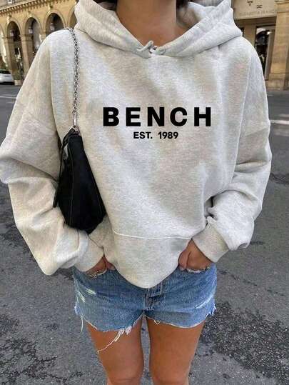 BENCH Grey Women's Fashion Warm Sweatshirt, Cute Women's Sweatshirt, Fashion Outfits, Women's Winter Clothes, Long Sleeve Pocket Small Drop Shoulder Women's Casual Sweatshirt