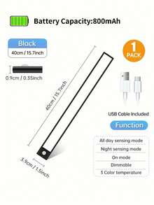 1个LED人体感应橱柜灯，无线磁吸式USB充电厨房夜灯，电池供电，适用于橱柜、衣柜、楼梯、走廊、架子 - 3种灯光颜色可选，尺寸：7.87英寸/11.8英寸/15.7英寸/19.7英寸