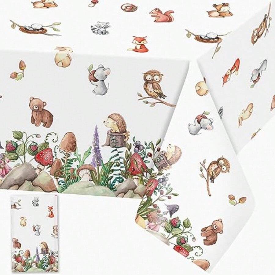 Woodland Animals Table Cloth Jungle  Plastic Table Cover Tablecloth Rectangular Tablecloths Disposable Wipe Clean Waterproof Table Cloths Covers For Birthday Wild One Party Supplies 1pc - NeutralAnimals1pc - View 1