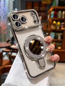 Luxury Bling Rhinestone Shiny Gradient Glitter Plating Soft Phone Case + Folding Makeup Mirror Ring Holder Bracket Phone Case Compatible With IPhone 17 Pro Max 17Pro 17 17Air Stylish Sparkling Lens Protect Anti-Drop Shockproof Bumper Men's And Women's Gifts - Silver - View 4
