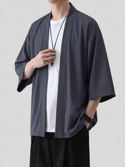 Áo sơ mi kimono nam dáng rộng, không cài cúc phía trước, 100% polyester, màu trơn, kiểu dáng đơn lớp đa năng, phong cách thường ngày | Chất liệu mềm mại, bay bổng.
