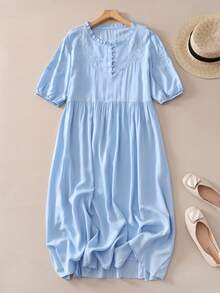 女士春夏粘胶刺绣宽松复古中长连衣裙 - 水藍色 - 查看 5