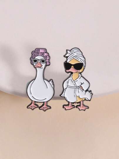 2件套趣味鹅鸭胸针，锌合金珐琅材质，可爱配饰，可用于卷发棒、毛巾、时尚眼镜、宠物服装等，男女通用设计，卡通动物主题胸针，日常佩戴装饰及礼品