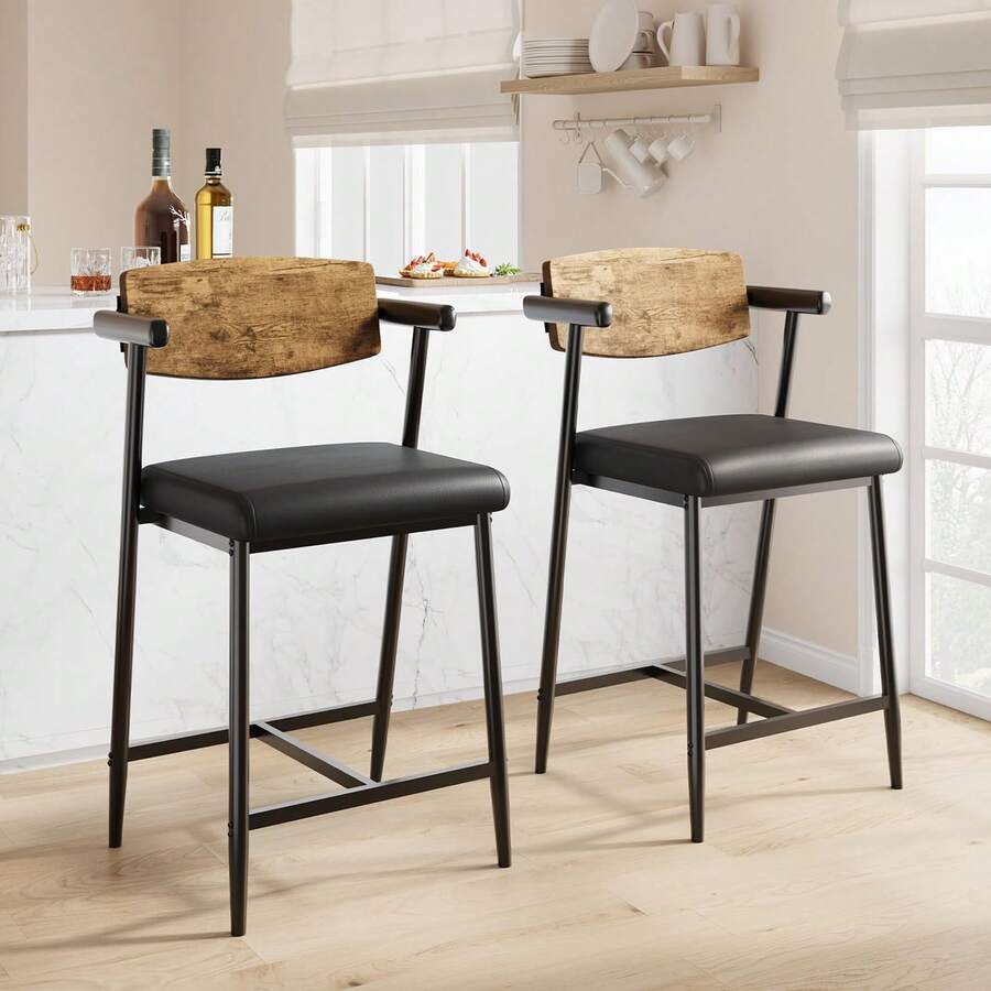 Techigher Counter Height Bar Stools Set Of 2, 26" Upholstered Bar Stools With Back & Arms, Wider Seat, Modern Bar Stools Set With Footrest For Kitchen Island,Counter Bar