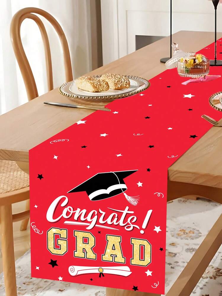 1pc Graduation Celebration Party Tablecloth, Red & Gold "Congratulations On Graduation" Black & White Cap Pattern Table Runner, 2026 Graduation Tablecloth Tabletop Decor, Graduation Party 2026 Restaurant Table Decor, Home Decor, Graduation Party Supplies, Graduation Theme Table Runner, Party Favors, Photography Props - Red Graduation Cap - View 6