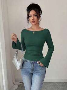 Women's Spring Fall Long Sleeve Shirts Crop Going Out Tops Casual Boat Neck Bell Sleeve Ribbed Ruched Y2K Clothes - Dark Green - View 7