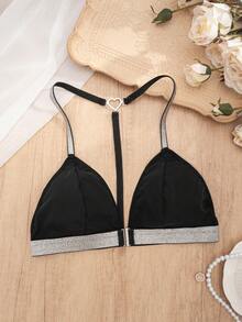 1pc Women's Bra With Silver Spaghetti Straps And Y-Back Design, Casual And Comfortable - Black - View 1