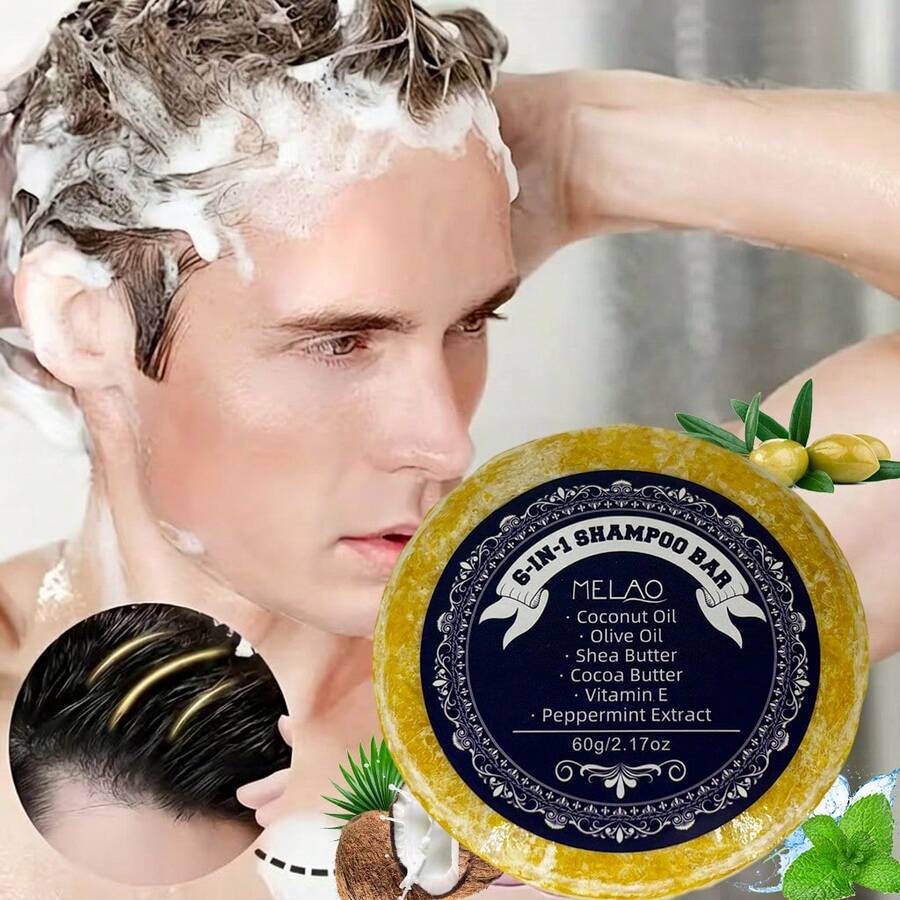 6-In-1 Shampoo Bar, MELAO Natural Shampoo Bar With Coconut Oil, Olive Oil, Shea Butter, Cocoa Butter, Vitamin E And Mint, Suitable For All Hair Types, Gently Cleanses And Nourishes Dry, Frizzy Hair, Leaves Hair Soft And Glossy, 60g/2.12oz - 60g - View 1