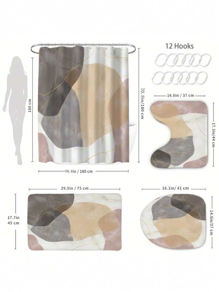 1/4 Piece Bathroom Curtain Set, Includes Shower Curtain, Bath Mat, Toilet Lid Cover And 12 Hooks - Abstract Block Anti-Slip Design - Polyester Fabric Bathroom Curtains - Perfect Housewarming Gift - A - View 4