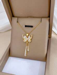 1件时尚蝴蝶形流苏轻奢项链，适合日常佩戴和聚会，情人节配饰，送给时尚青少年的理想礼物 - 金色 - 查看 2