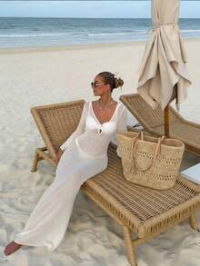 Women's New Crew Neck Half-Button Long Sleeve Ribbed Cuffed Semi-Sheer Slim-Fit Pullover, Fashionable Casual Elegant Minimalist Sexy Vacation Beach Knit Sweater Dress, Spring And Summer - White - View 4