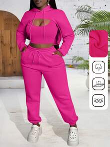 CALEBGAR Plus Size Women's Three-Piece Fleece-Lined Tracksuit, Includes Hoodie, Vest, And Long Track Pants |   Autumn/Winter Loose-Fit Casual Tracksuit |   Streetwear Sporty Style - Màu Hồng Tươi - Xem 3
