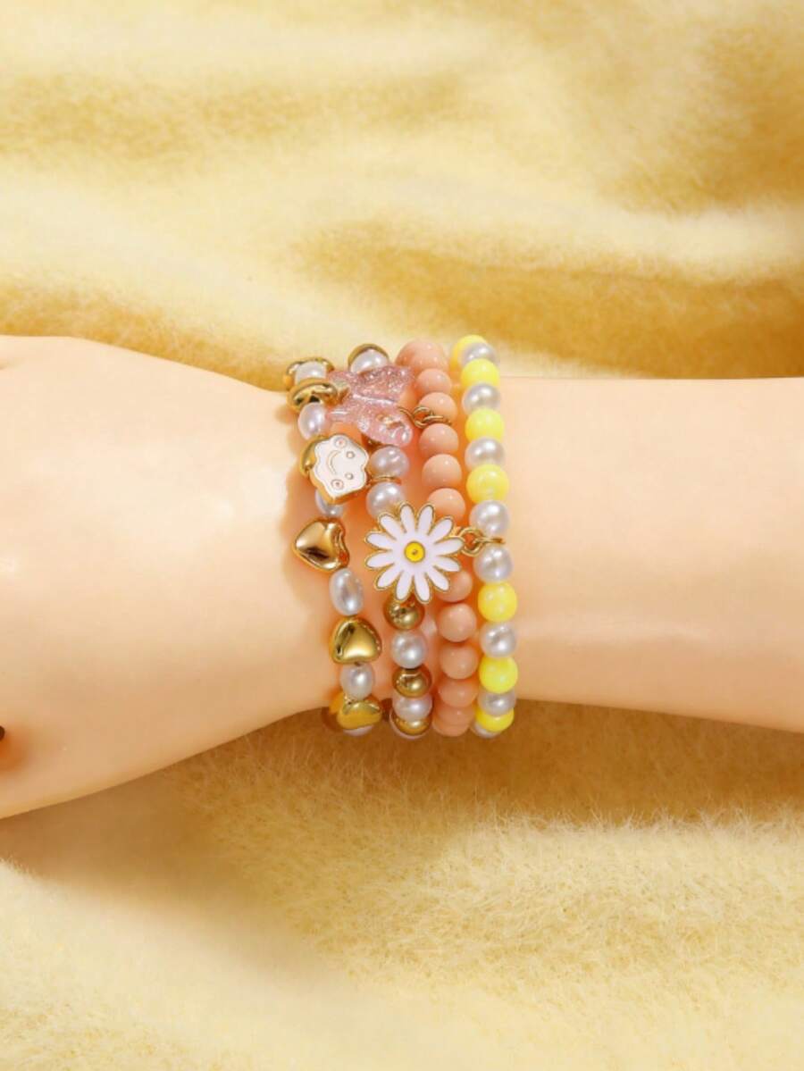 4pcs/Set Butterfly, Heart, Smiling Face, Pearl, Heart, Daisy Charm Bracelet Set For Girl & Girls - Multicolor - View 1