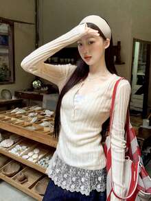 Apricot Lace Patchwork Cute Semi-Sheer Crew Neck Partial Placket Long Sleeve Women Sweater, Autumn/Winter - Apricot - View 3