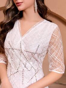 Elegant V-Neck Sequin Lace Bridesmaid Dress - White - View 6