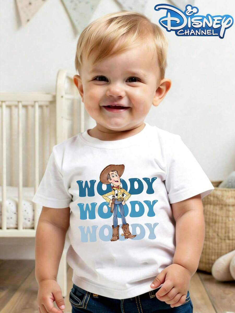 This Disney Toy Story Sheriff Woody Graphic Casual Short-Sleeved T-Shirt With A Round Neckline Is Designed For Both Baby Boys And Girls, Making It An Ideal Choice For Summer Wear. - 白色 - 查看 1