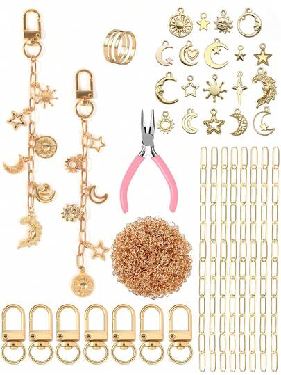 Kit de fabricación de llaveros para Eid Al-Fitr, incluye colgantes de estrellas y luna, mosquetón, cadena de extensión, anillas y alicates de joyería, kit creativo de artesanía de joyas y adornos para bolsos, regalos de Eid Al-Fitr