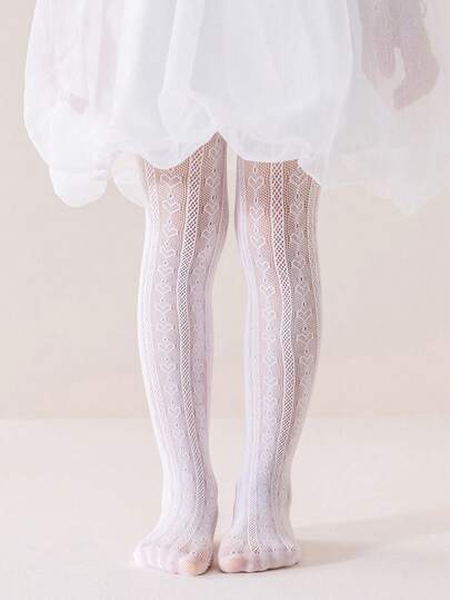 1pc White Mesh Hollow Heart Children's Pantyhose, Minimalist Classic Stylish, Skin-Friendly Comfortable Lightweight Breathable Versatile Tights, Suitable For Daily Wear, Holidays, Parties, Travel, Back To School