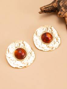 زوج من أقراط الأحجار الكريمة الدائرية غير المتماثلة الهندسية الفرنسية القديمة، مجوهرات أنيقة للنساء، مناسبة للارتداء اليومي والحفلات والمناسبات - ذهبي أصفر - مشاهدة 6