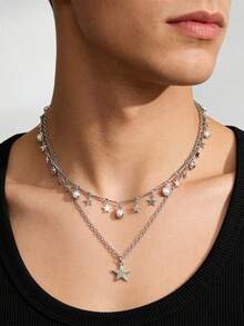 1pc Men's Silver Faux Pearl Metal Handmade Star Pendant Multi-Layer Necklace