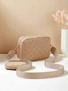 1pc Girls Mini Diamond Quilted Embroidered Letter Pouch, Padded Embroidered Phone Coin Purse - Khaki - View 4