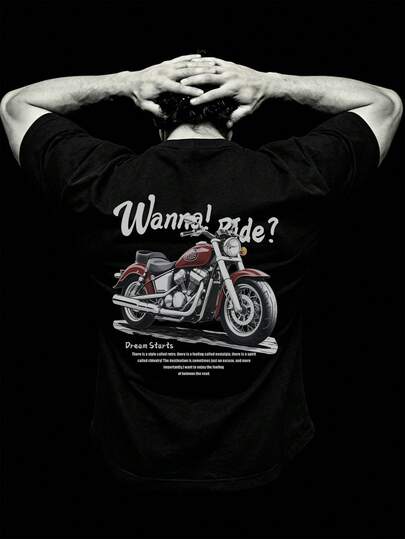 男士新款休闲运动T恤 - 轻便舒适，印有“梦想骑摩托车”图案，适合郊游、朋友聚会和户外旅行。