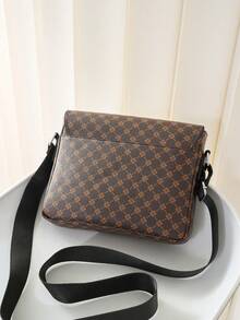 HOVI'S 男士斜挎包，棕黄色字母格纹印花面料 - 翻盖按扣和拉链闭合，可调节肩带，大容量平板电脑隔层，新年礼物，情人节礼物 - 棕色 - 查看 8