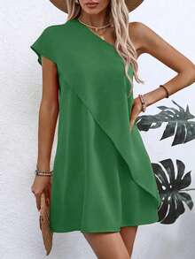 Lightweight Polyester Asymmetric Off-Shoulder Dress - Women's Fitted Style, Casual - Green - View 1