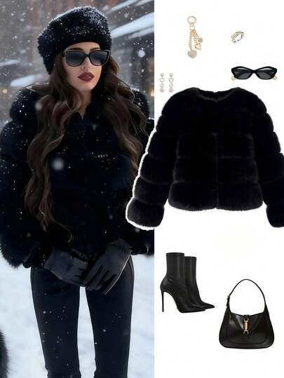 Women's Elegant Faux Fox Fur Faux Fur Slim-Fit Lightweight Jacket, Suitable For Parties, Christmas And Other Occasions, Long Sleeve Winter Jacket, Non-Stretch Outerwear, Suitable For Formal And Casual Activities, Autumn/Winter Clothing Black