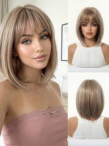 Kurze schwarze braune synthetische Naturhaarperücken für Frauen, Bob-Perücke mit Pony, hitzebeständig für Alltag, Cosplay und Partys - Leinen Gold - Übersicht 7