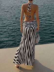 DOUCIU斑马纹印花露背长款荷叶边连衣裙，优雅派对海滩度假装扮 - 黑色 - 查看 6