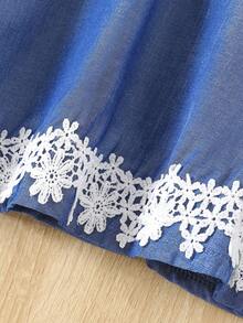 Girls Embroidered Blue Sleeveless Knee-Length Casual Dress, Summer - Blue - View 5