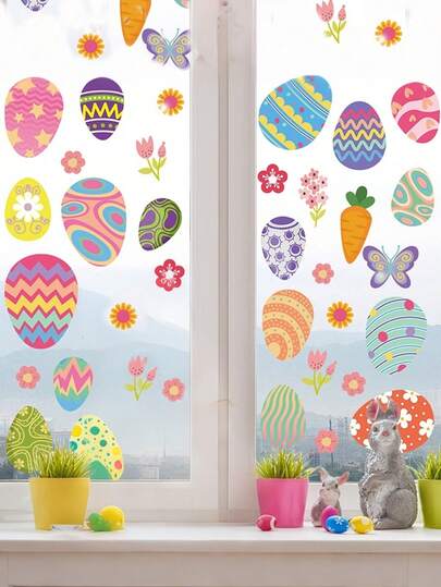 70 piezas de pegatinas estáticas para ventanas con diseños de huevos de Pascua coloridos y únicos con elementos florales, de mariposas y de zanahorias. Estilo lindo y fresco, ideal para la decoración de Pascua, vinilos de pared y pegatinas para ventanas para crear un ambiente alegre de Pascua