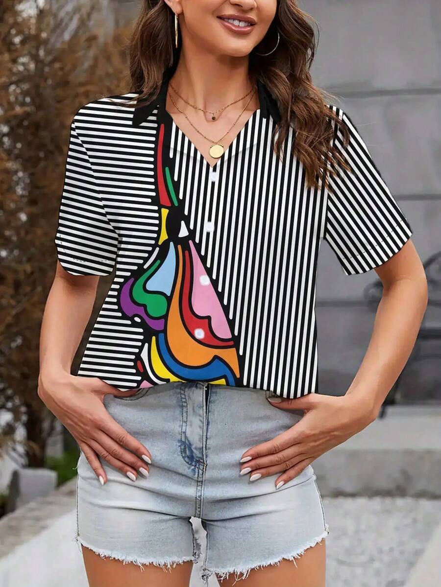 2025 New Women's Colorful Abstract Print Shirt - Black And White Stripes With Pink, Green, Yellow, Orange - Lightweight And Breathable Button-Up Top With Structured Collar And Short Sleeves, Machine Washable For Summer Office And Casual Wear - Vibrant Colorful Abstract Design In Pink, Green, Yellow, Orange - Loose Fit For Warm Weather - Fashionable And Versatile Professional Wear, Women's Tops And Shirts, Women's Tops And Shirts, Women's Tops, Women's Tops, Women's Shirts, Women's Tops And Shirts, Women's Summer Tops, Women's Tops, Women's Shirts, Women's Office Wear - trắng - Xem 1