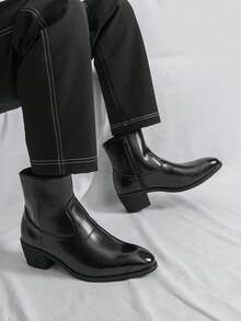 Men's Retro High Heel Chelsea Ankle Boots, Pointed Toe Shiny Leather Casual Business Dress Elevator Shoes - G809-6 Black - View 3