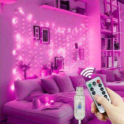 1pc USB Powered LED Curtain String Lights, 8 Lighting Modes, Romantic Fairy Lights With Remote Control, Suitable For Bedroom, Window, Wall, Stage, Wedding, Birthday Party, Festival, Valentine's Day Decoration