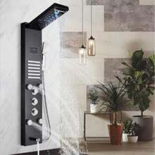 Panel de ducha LED Cepillado Tower Sistema de lluvia Sistema de cabezal de ducha Acero inoxidable 5 en 1 Columna de torre de ducha Ducha de mano Sistema de panel y caño de bañera - Negro mate - Ver 10
